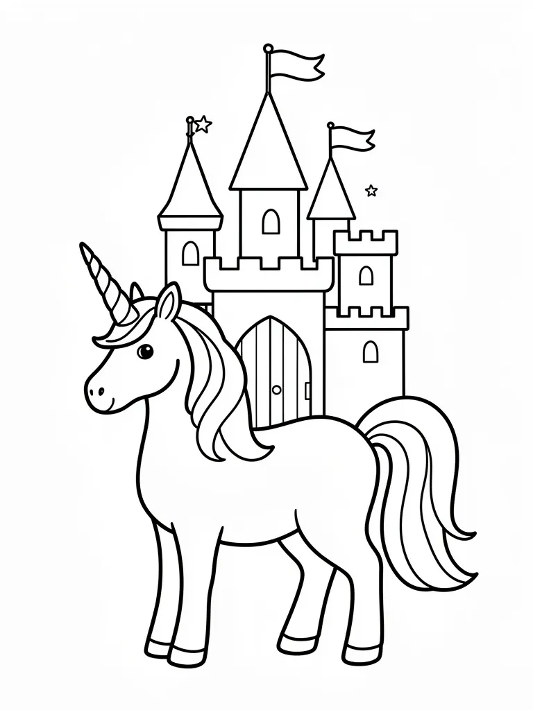 Coloriage Licorne devant un château magique pour maternelle à imprimer