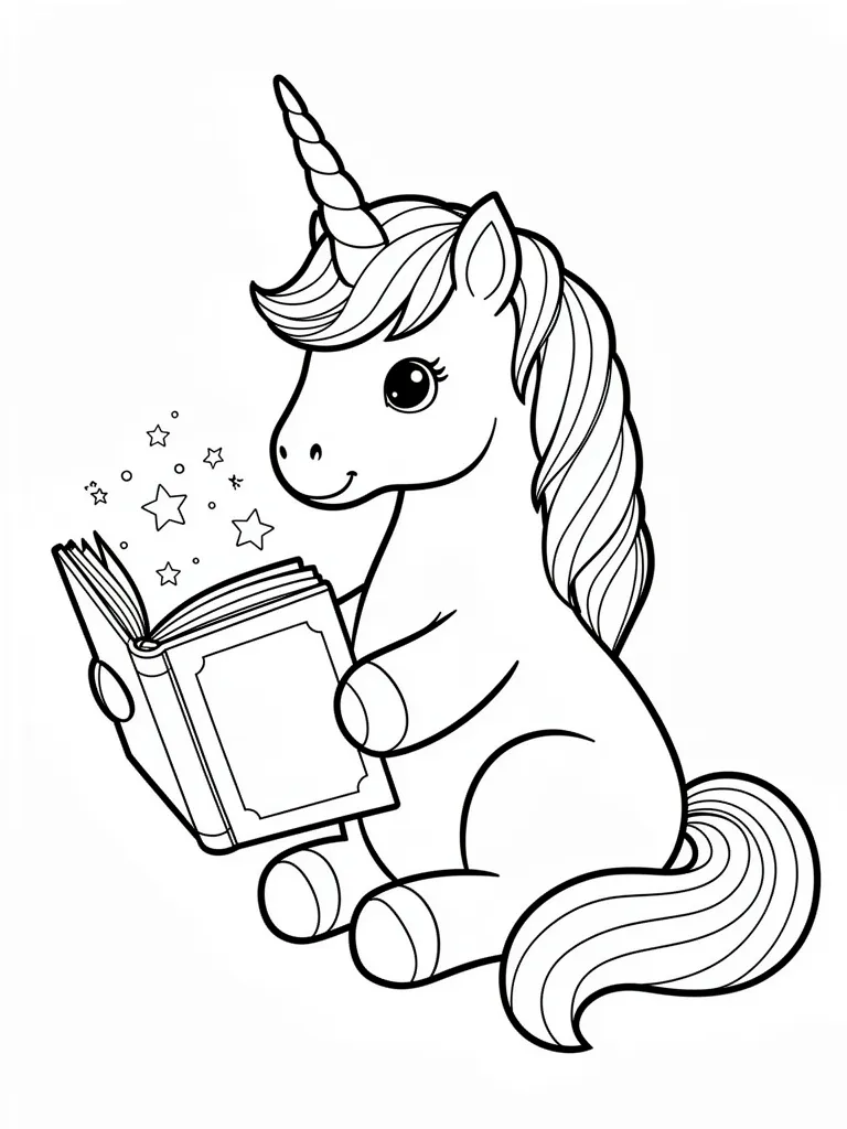 Coloriage Licorne lisant un livre magique à imprimer