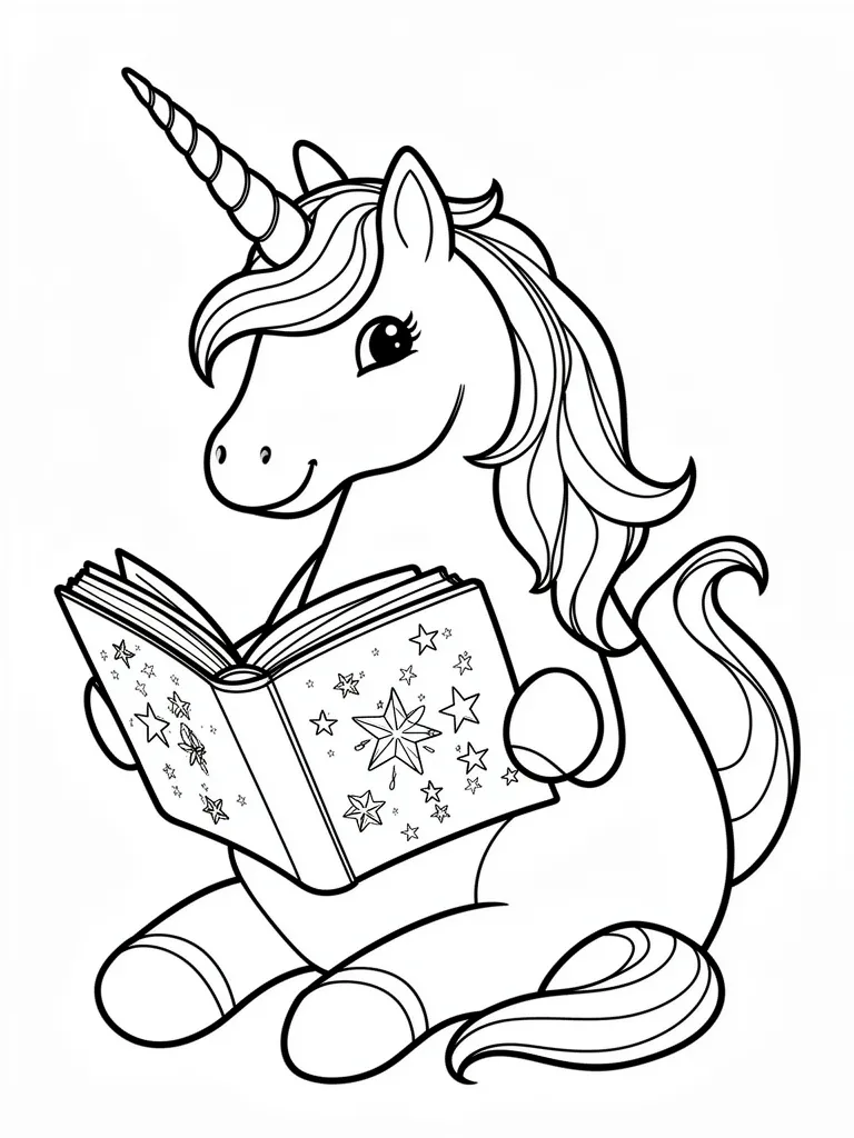 Coloriage Licorne lisant un livre magique détaillé – coloriage à imprimer gratuit