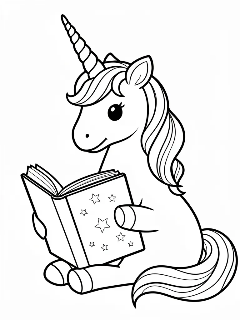 Coloriage Licorne lisant un livre magique facile – coloriage à imprimer gratuit