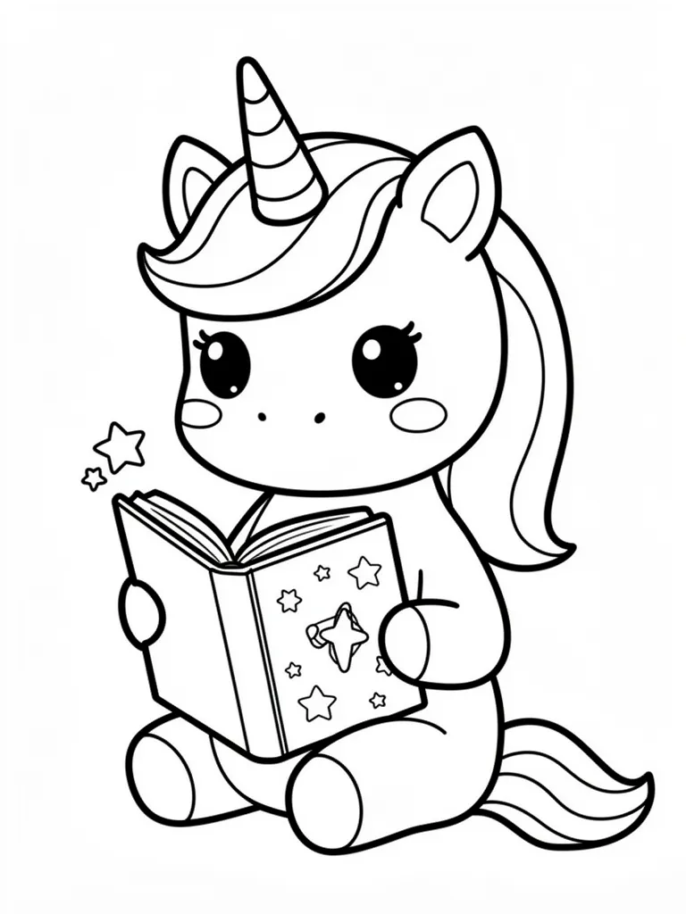 Coloriage Licorne lisant un livre magique kawaii – coloriage à imprimer gratuit