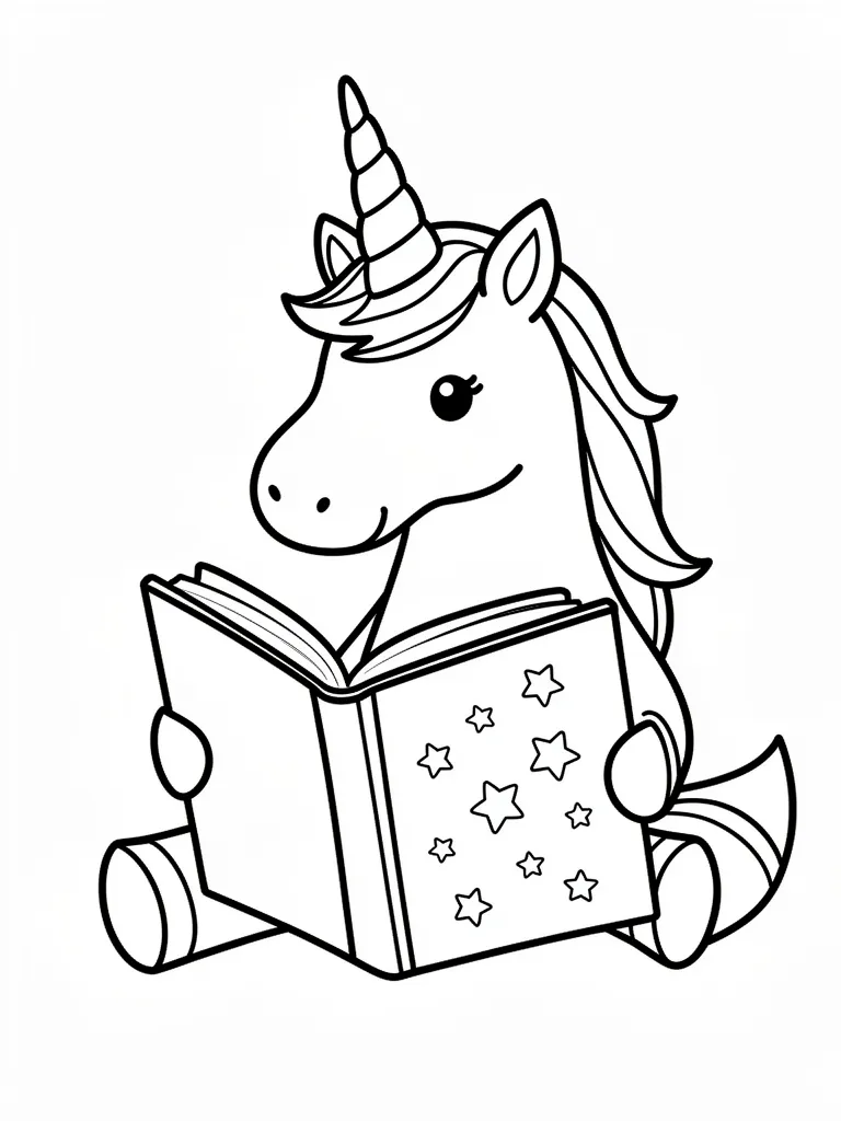 Coloriage Licorne lisant un livre magique pour maternelle – coloriage à imprimer gratuit