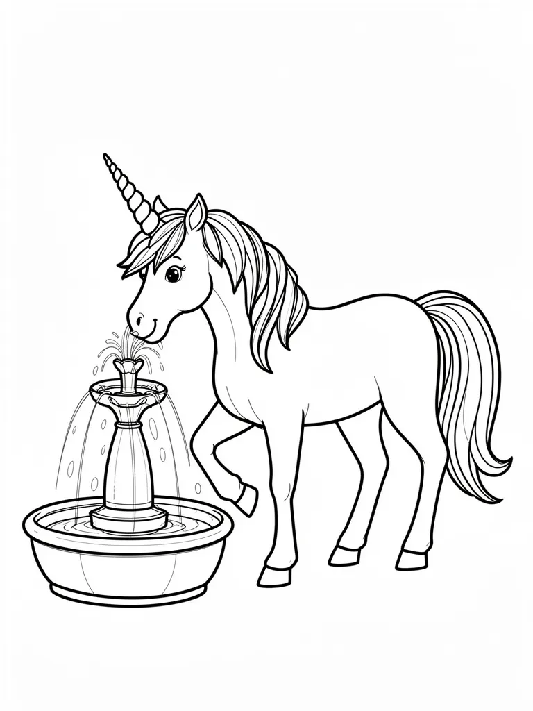 Coloriage Licorne qui boit à une fontaine détaillé à imprimer