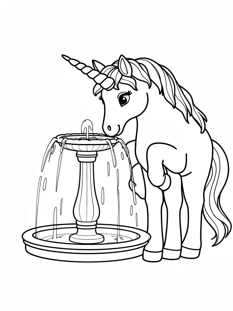 Coloriage Licorne qui boit à une fontaine à imprimer