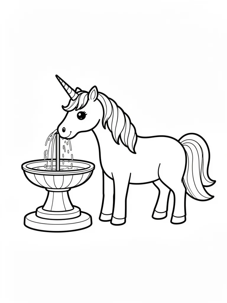 Coloriage Licorne qui boit à une fontaine facile à imprimer