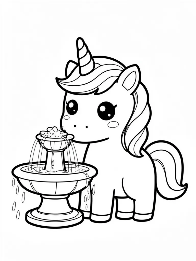 Coloriage Licorne qui boit à une fontaine kawaii à imprimer