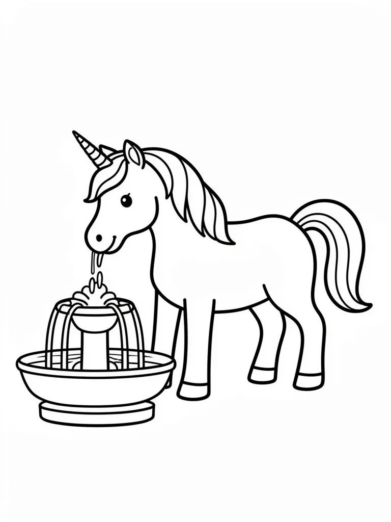 Coloriage Licorne qui boit à une fontaine pour maternelle à imprimer