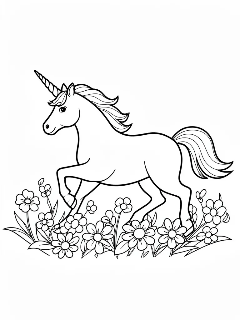 Coloriage Licorne qui court dans les fleurs à imprimer