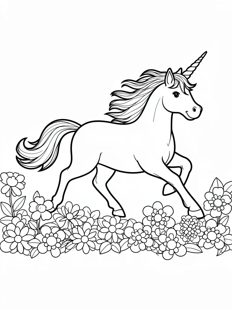 Coloriage Licorne qui court dans les fleurs détaillé à imprimer
