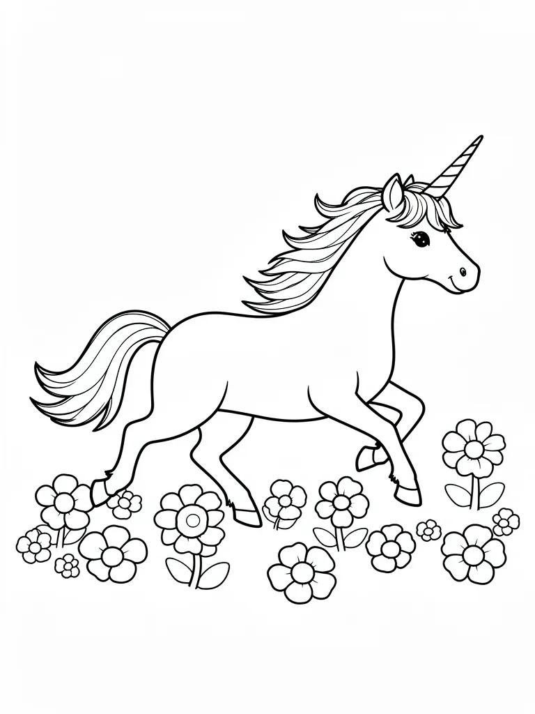 Coloriage Licorne qui court dans les fleurs facile à imprimer