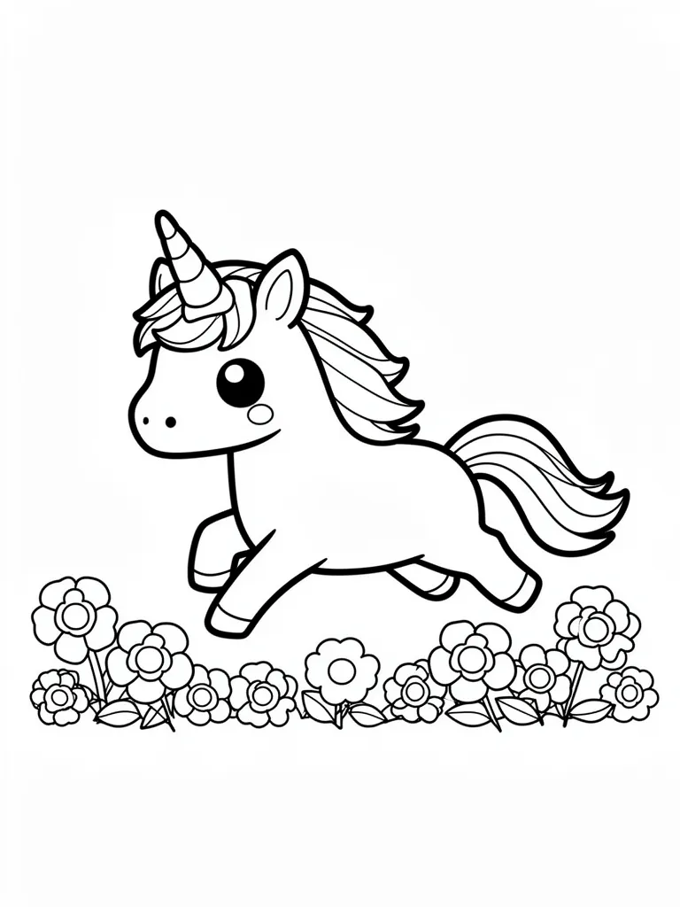 Coloriage Licorne qui court dans les fleurs kawaii à imprimer