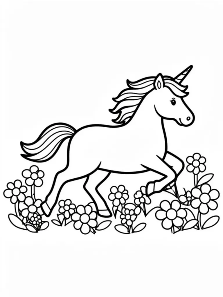 Coloriage Licorne qui court dans les fleurs pour maternelle à imprimer