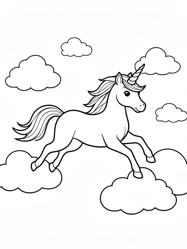 Coloriage Licorne qui vole parmi les nuages à imprimer