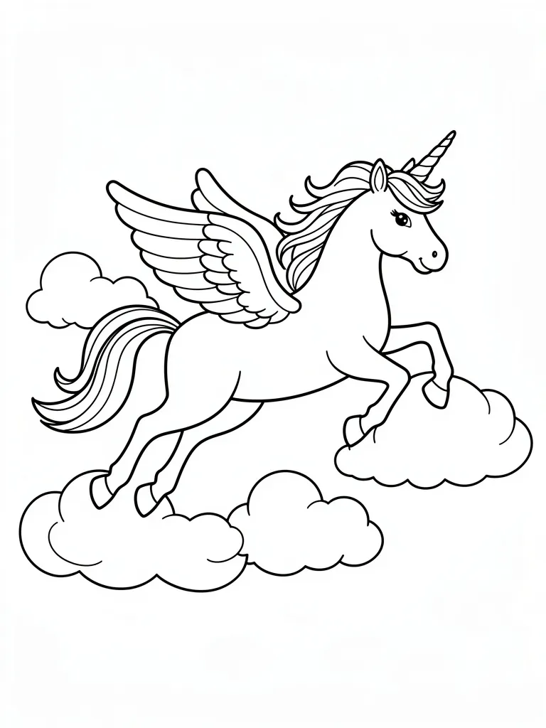 Coloriage Licorne qui vole parmi les nuages détaillé à imprimer