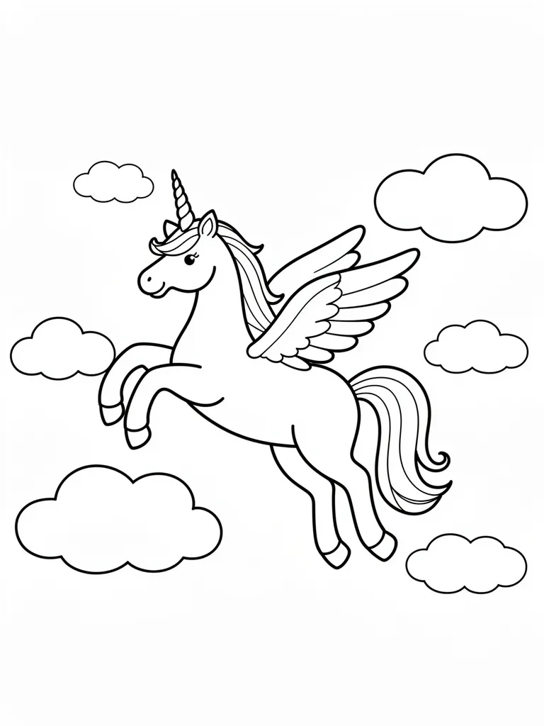 Coloriage Licorne qui vole parmi les nuages facile à imprimer