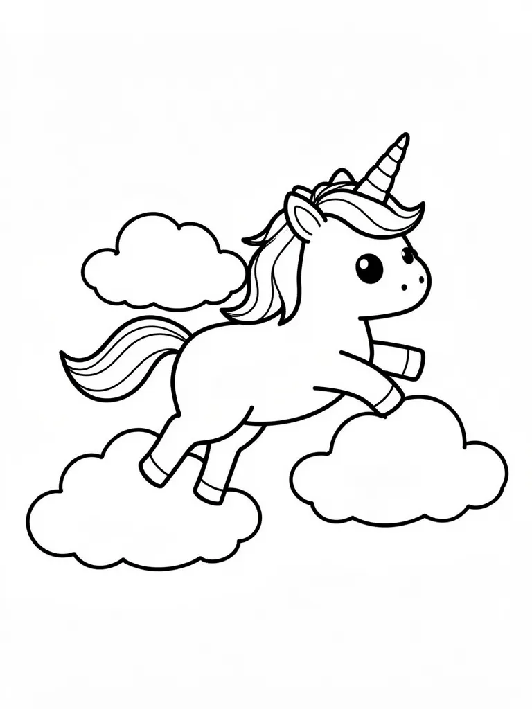 Coloriage Licorne qui vole parmi les nuages kawaii à imprimer