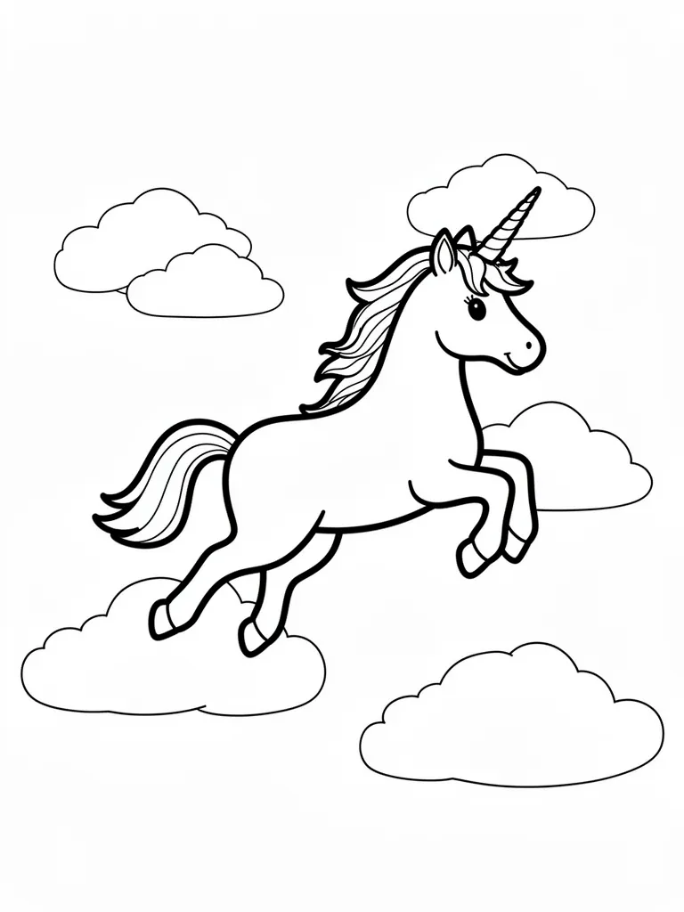 Coloriage Licorne qui vole parmi les nuages pour maternelle à imprimer