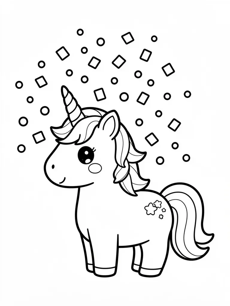 Coloriage Licorne sous la pluie de confettis kawaii – coloriage à imprimer gratuit