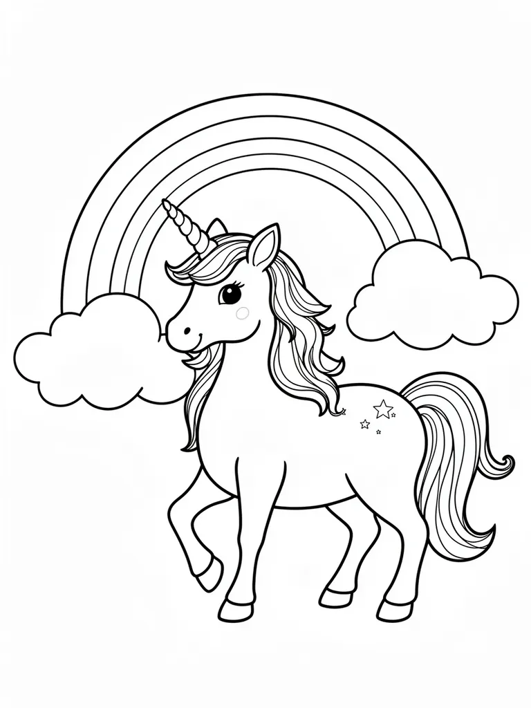 Coloriage Licorne sous un arc-en-ciel détaillé à imprimer