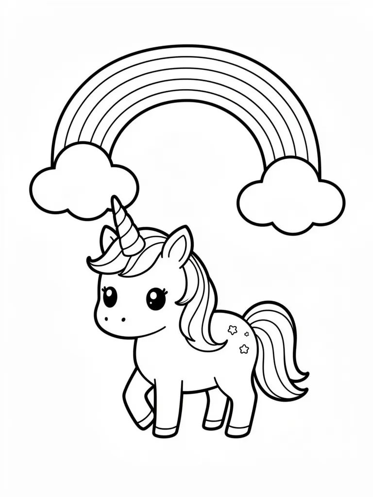 Coloriage Licorne sous un arc-en-ciel kawaii à imprimer