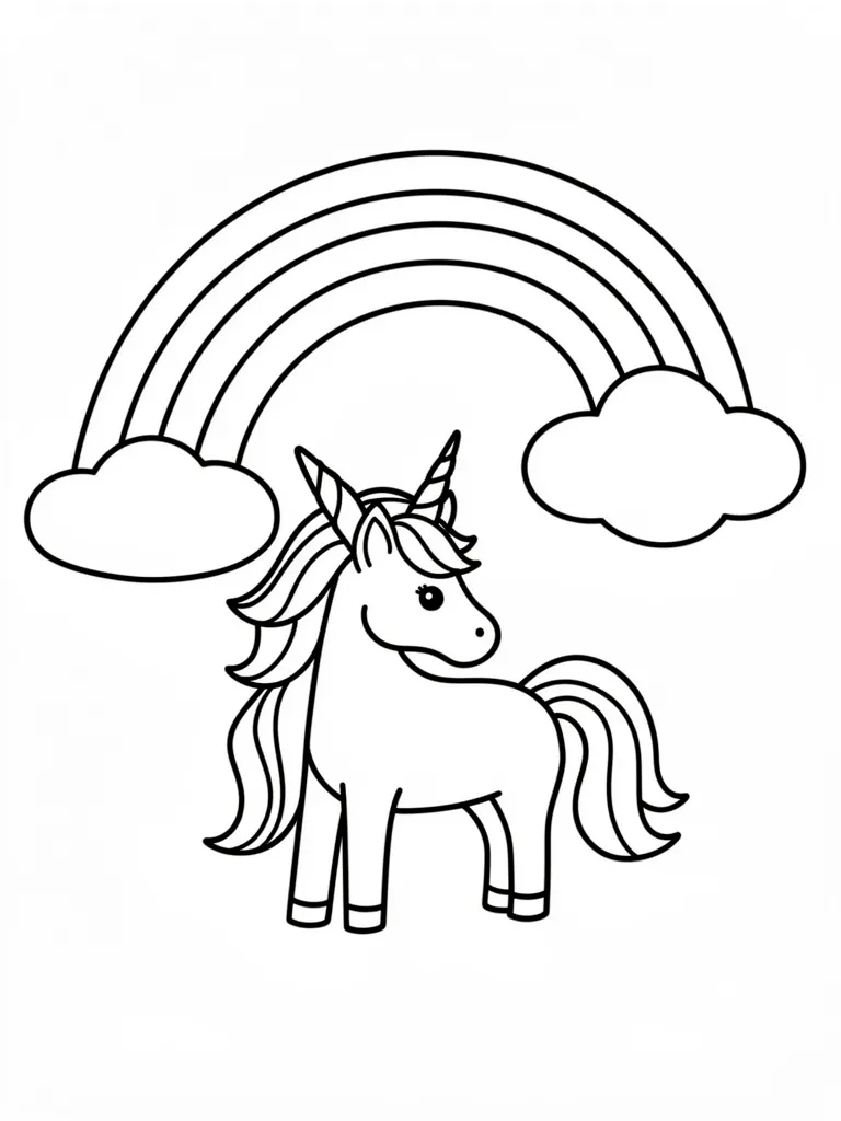 Coloriage Licorne sous un arc-en-ciel pour maternelle à imprimer