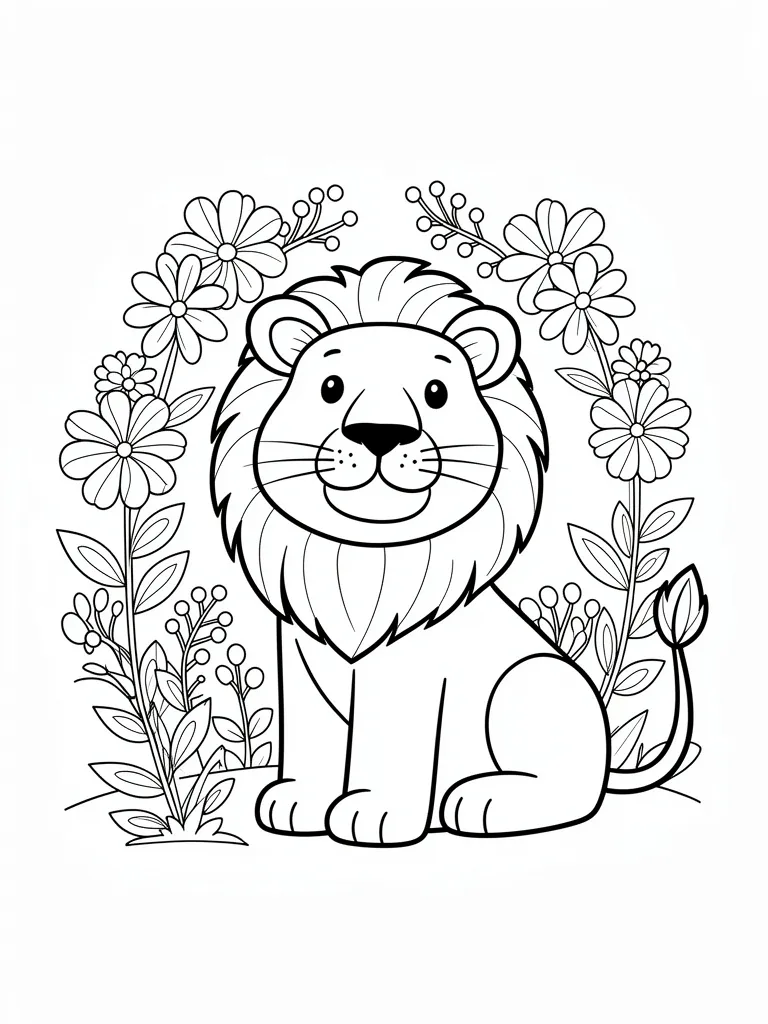 Coloriage Lion avec des fleurs à imprimer