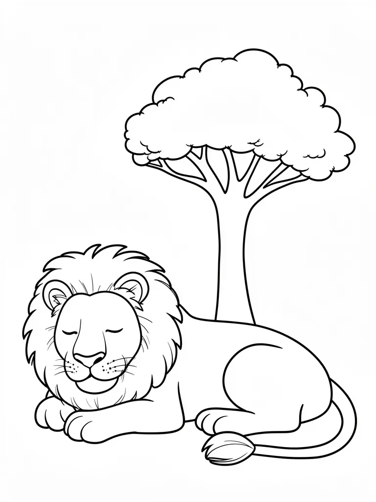 Coloriage Lion qui dort sous un arbre – coloriage à imprimer gratuit
