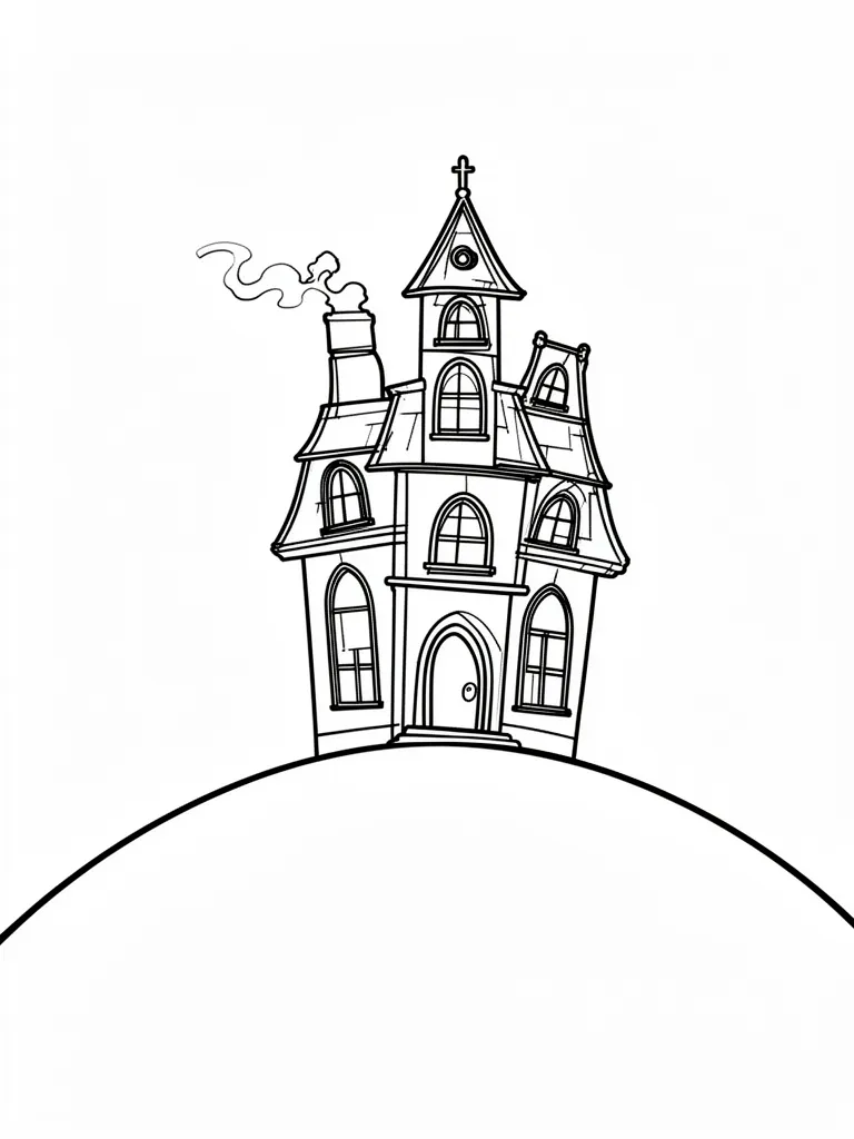 Coloriage Maison hantée sur une colline à imprimer