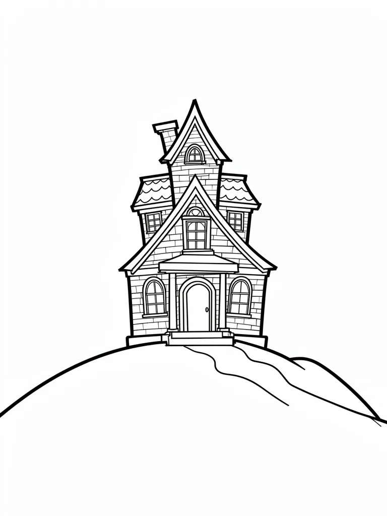 Coloriage Maison hantée sur une colline détaillé à imprimer