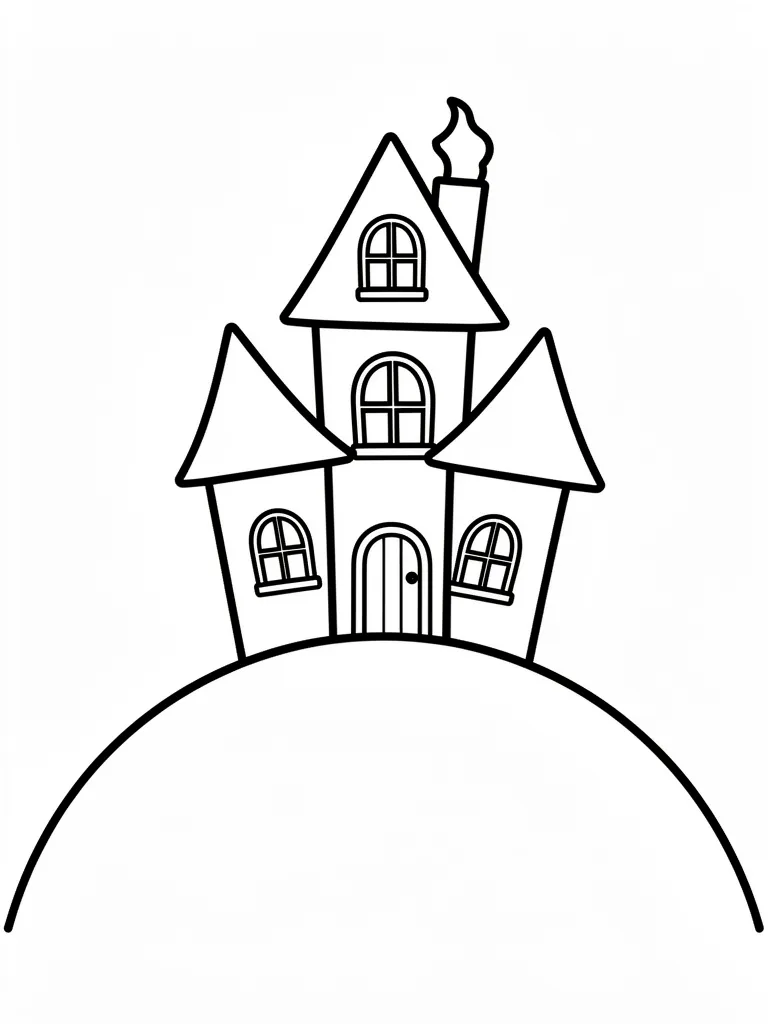 Coloriage Maison hantée sur une colline kawaii à imprimer
