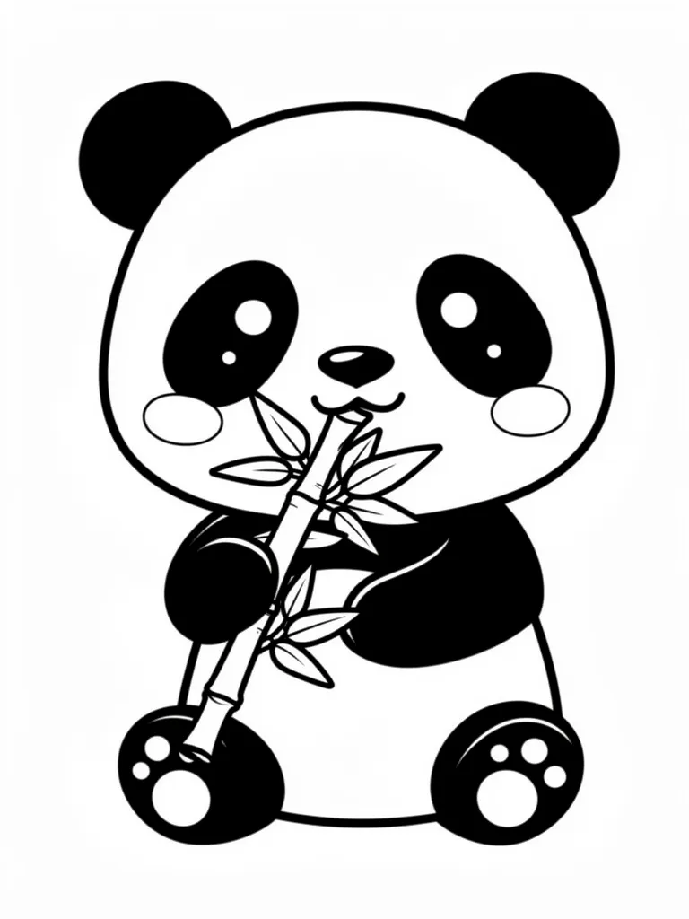 Coloriage Panda qui mange du bambou kawaii à imprimer
