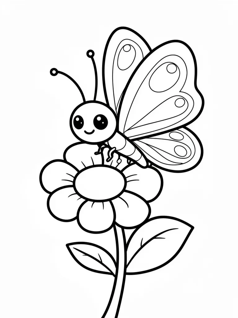 Coloriage Papillon sur une fleur kawaii – coloriage à imprimer gratuit