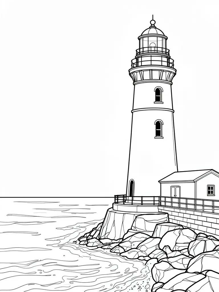 Coloriage Phare au bord de l’eau détaillé à imprimer