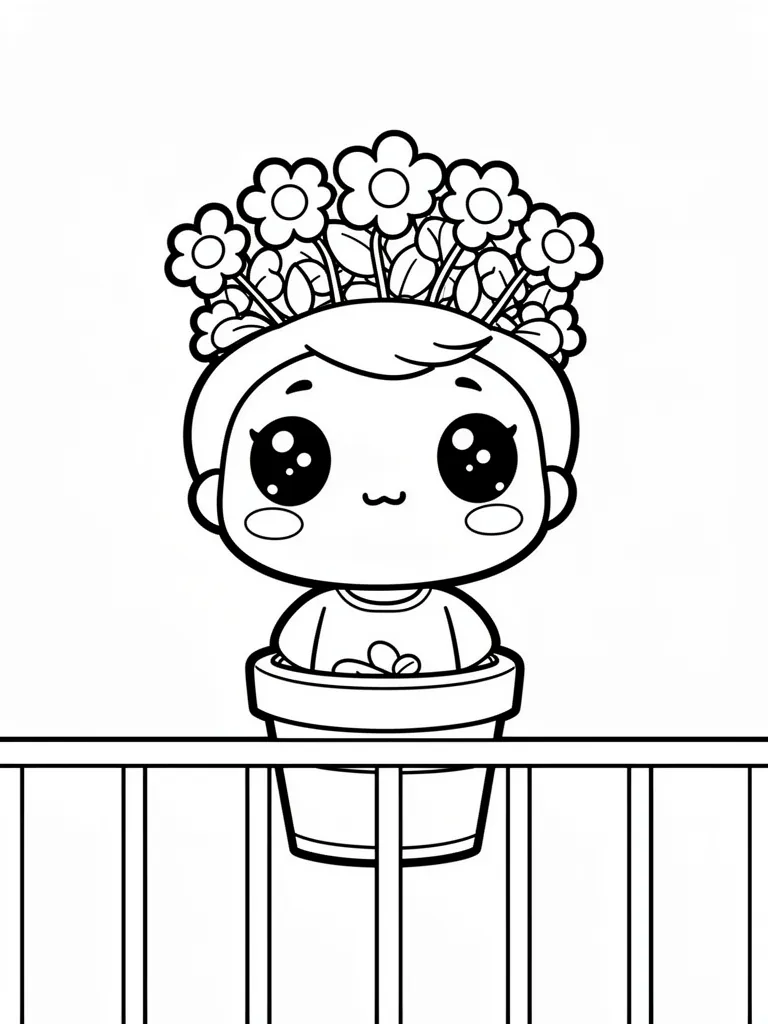 Coloriage Pot de fleurs sur un balcon kawaii à imprimer