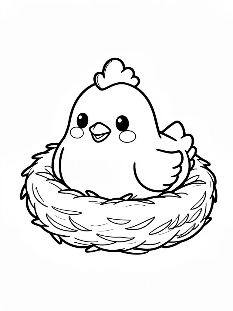 Coloriage Poule dans un nid kawaii à imprimer