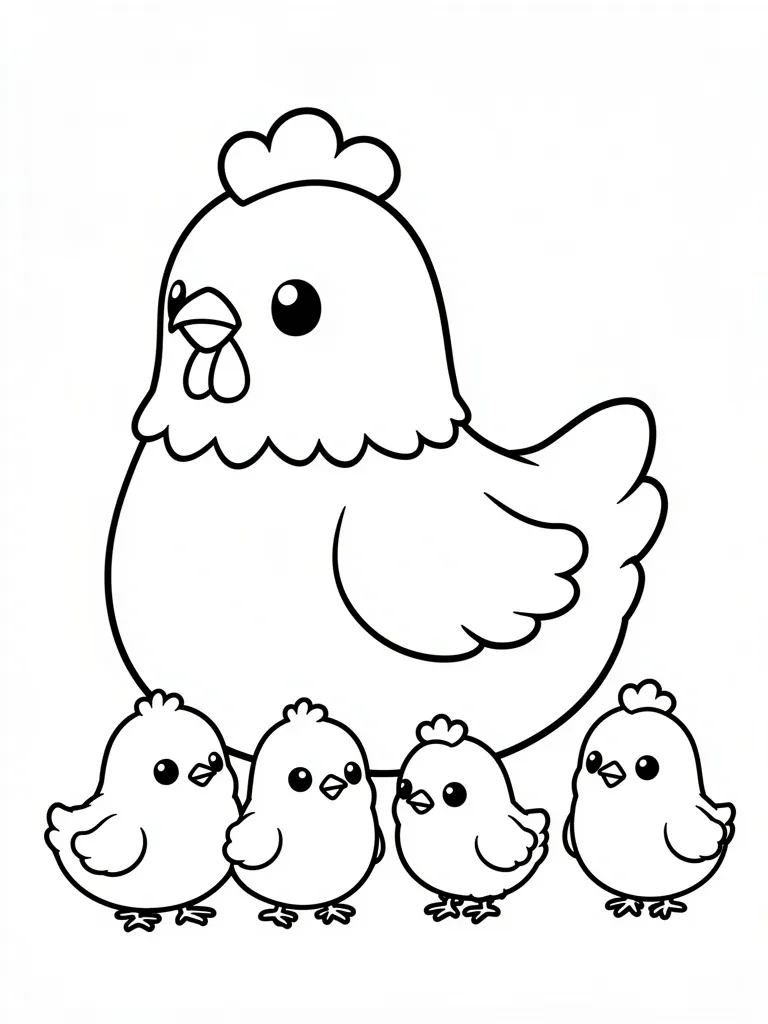 Coloriage Poule et poussins kawaii à imprimer