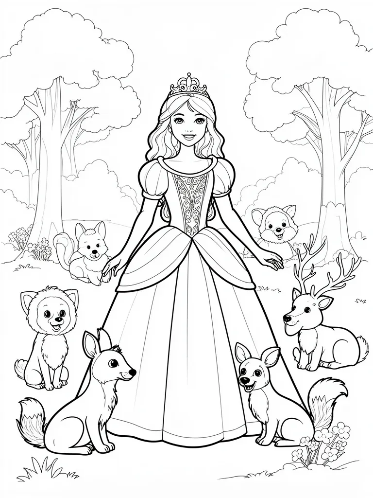 Coloriage Princesse avec des animaux de la forêt – coloriage à imprimer gratuit