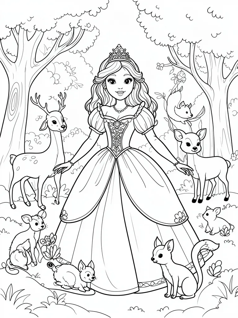 Coloriage Princesse avec des animaux de la forêt détaillé – coloriage à imprimer gratuit