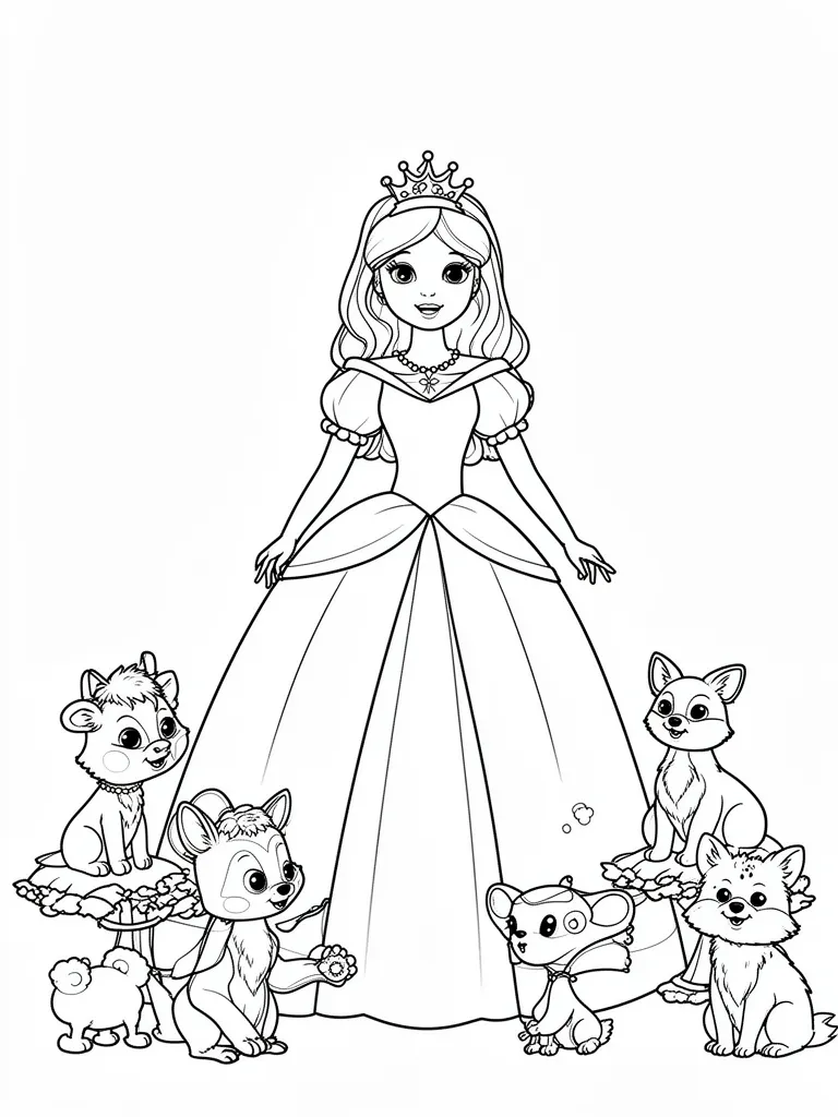 Coloriage Princesse avec des animaux de la forêt facile – coloriage à imprimer gratuit