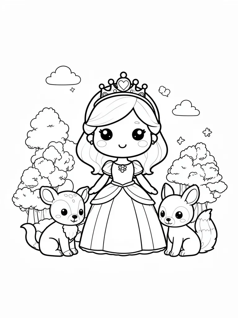 Coloriage Princesse avec des animaux de la forêt kawaii – coloriage à imprimer gratuit