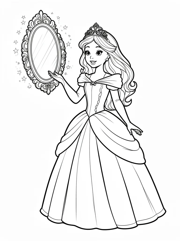 Coloriage Princesse avec un miroir magique détaillé à imprimer