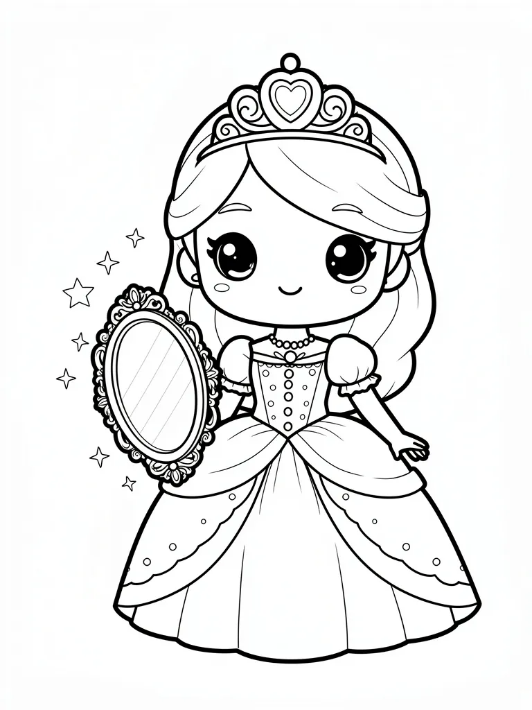 Coloriage Princesse avec un miroir magique kawaii à imprimer