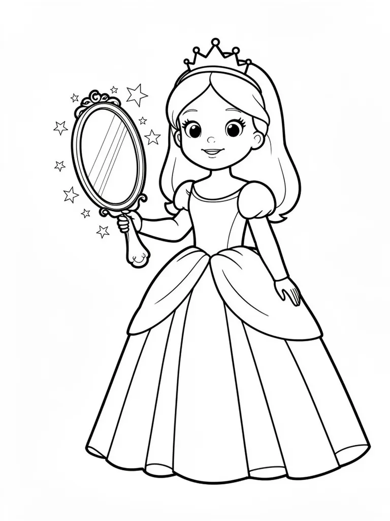 Coloriage Princesse avec un miroir magique pour maternelle à imprimer