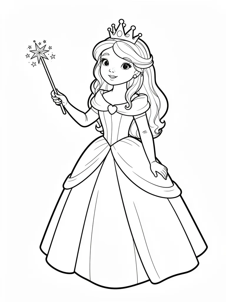 Coloriage Princesse avec une baguette magique à imprimer