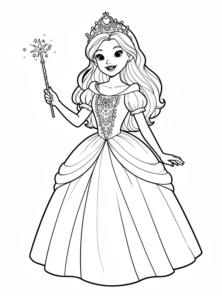 Coloriage Princesse avec une baguette magique détaillé à imprimer