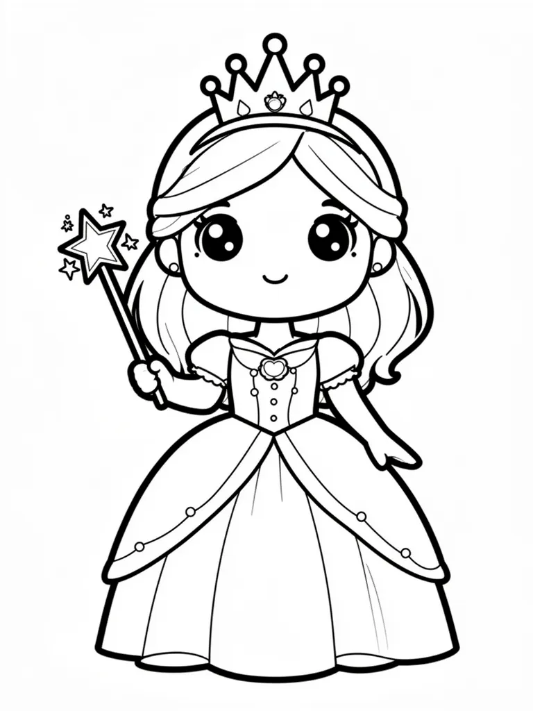 Coloriage Princesse avec une baguette magique kawaii à imprimer