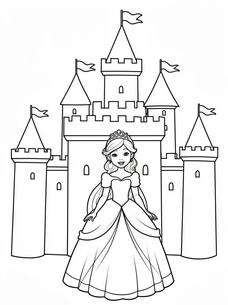 Coloriage Princesse devant un château à imprimer