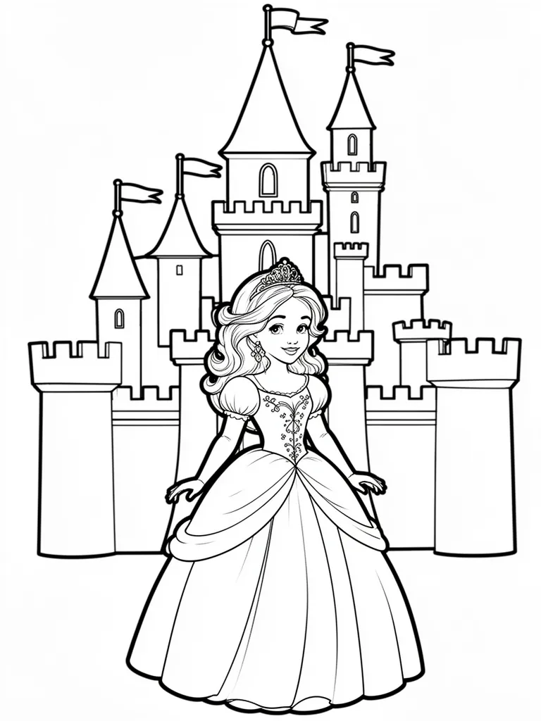 Coloriage Princesse devant un château détaillé – coloriage à imprimer gratuit