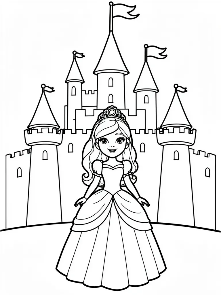 Coloriage Princesse devant un château facile – coloriage à imprimer gratuit
