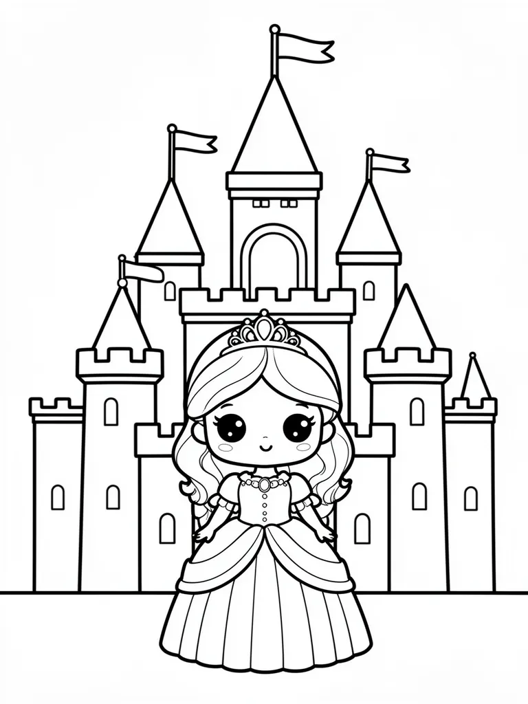 Coloriage Princesse devant un château kawaii – coloriage à imprimer gratuit